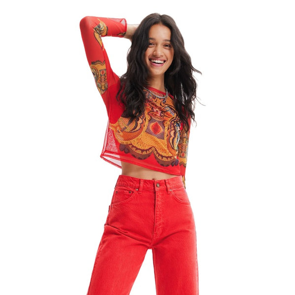 Desigual Women Graphic Long Sleeve Fiery Red Crop Top